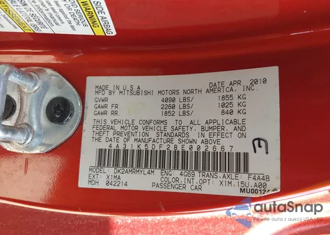 2011 Mitsubishi Eclipse Gs Sport from USA, damaged, VIN 4A31K5DF2BE002667